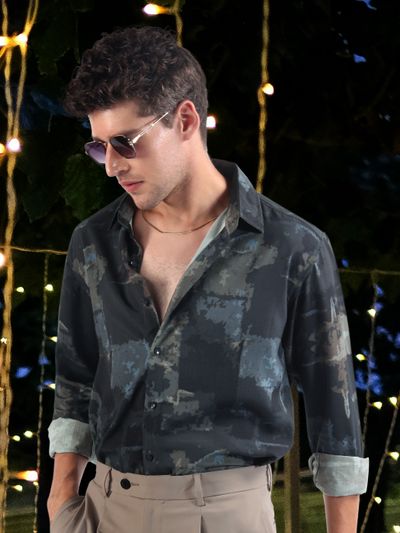 Dark Blue And Grey Modern Abstract Printed Shirt