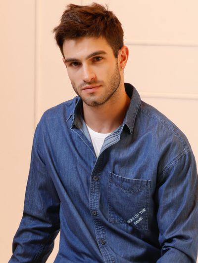 Dark Blue Single Pocket Denim Shirt for Men Dark Blue denim stylish shirt for mens with a spread collar