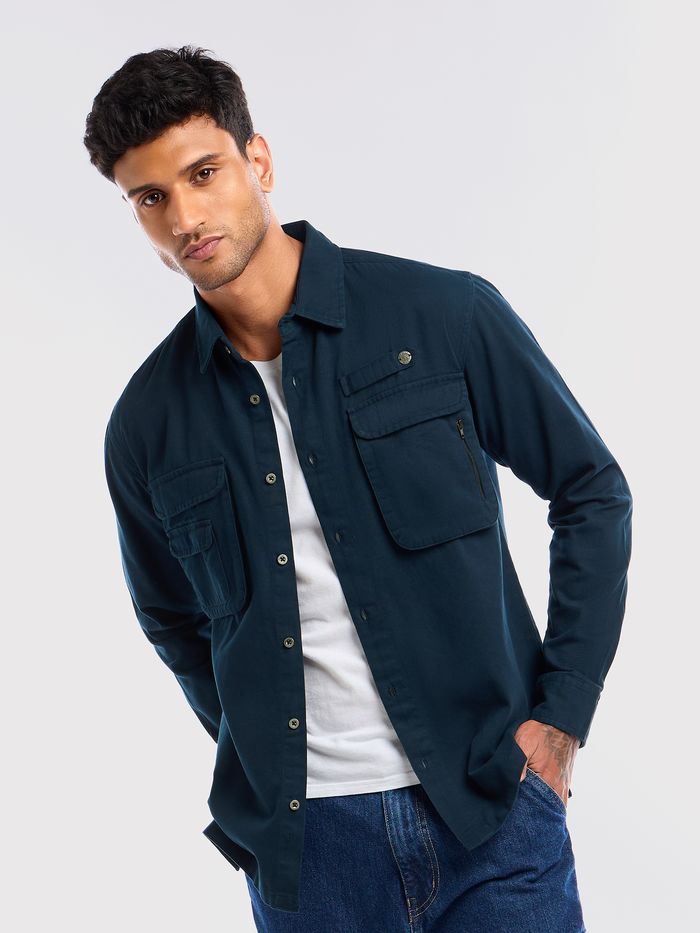 Buy Dark Blue Utility Pockets Shirt For Men Online in India -Beyoung - Main Image