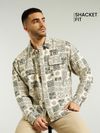 green and beige patterned cotton shacket for men, 
