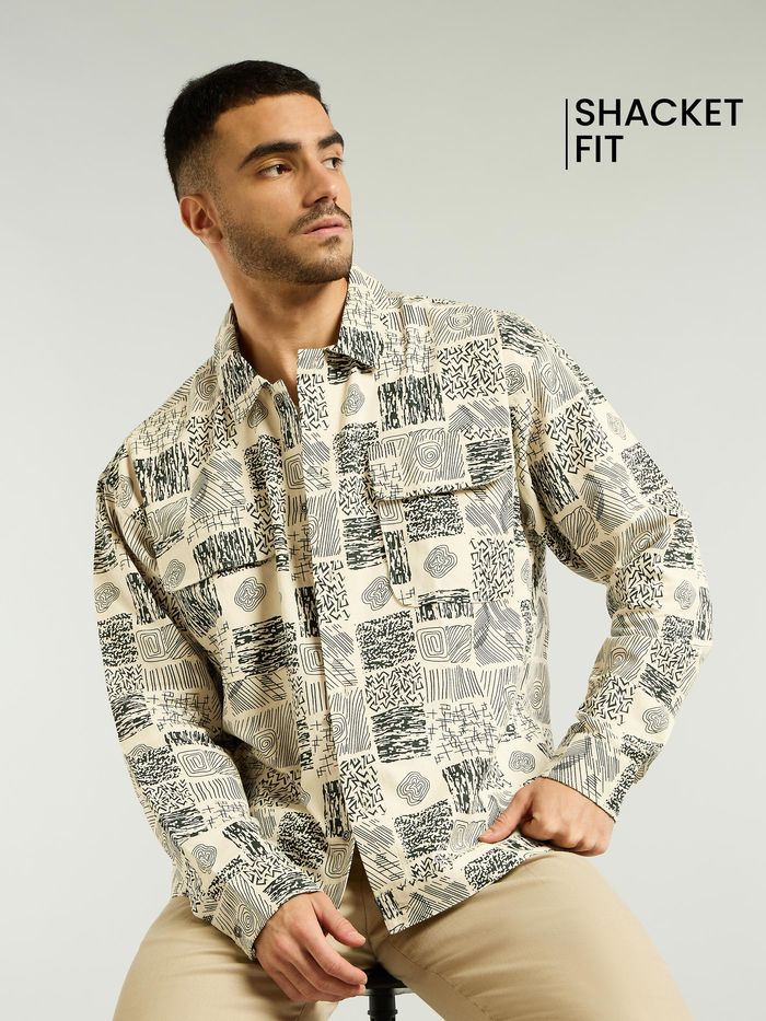 green and beige patterned cotton shacket for men, 