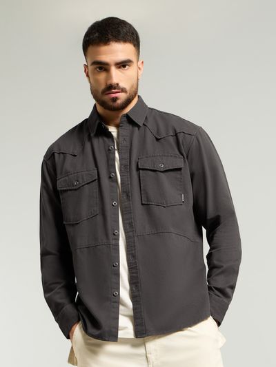 Dark Grey Cotton Drill Urban Shirt Solid Mens Shirt,