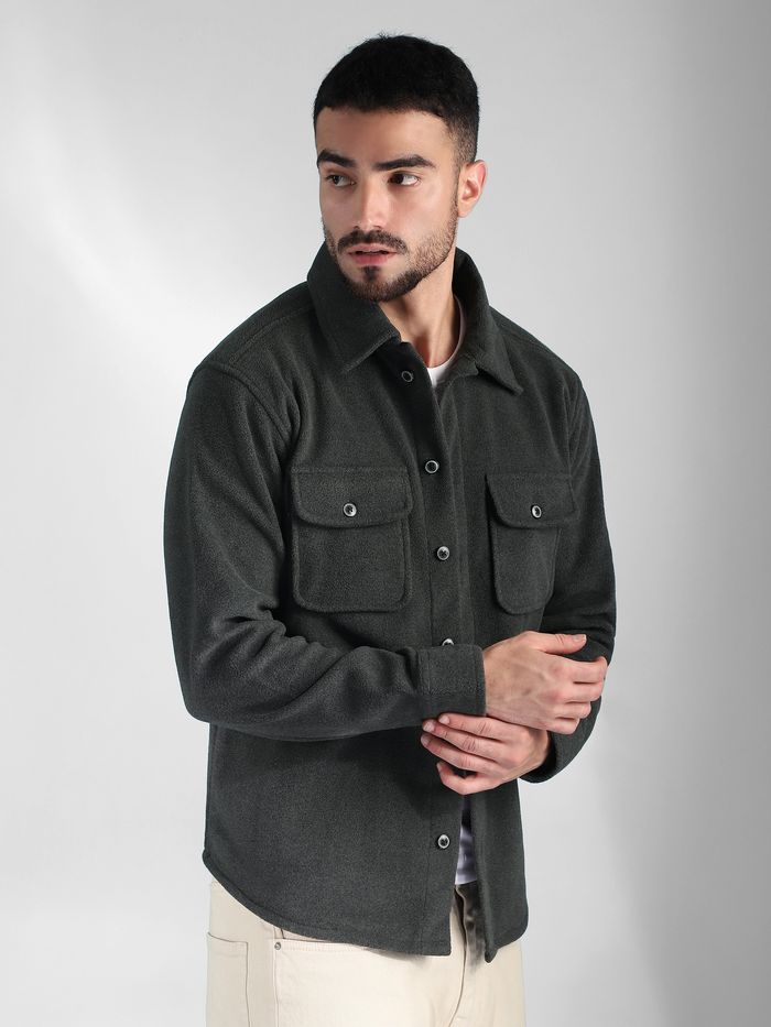 Buy Men's Dark Grey Rounded Patch Pockets Fleece Jacket @Beyoung