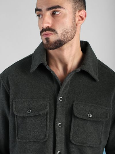 Dark Grey Rounded Patch Pockets Fleece Jacket