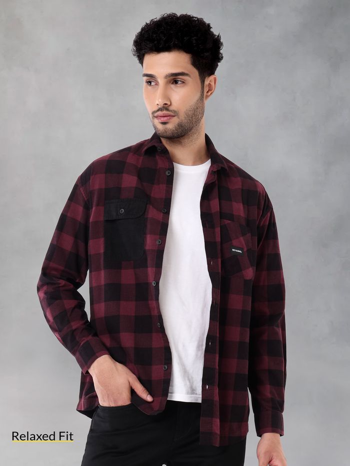 Dark Red Corduroy Checked Shirt for Men
