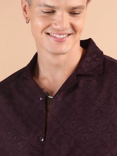 Dark Violet Cutwork Jacquard Cuban Shirt Dark Violet Cutwork Jacquard Cuban Shirt