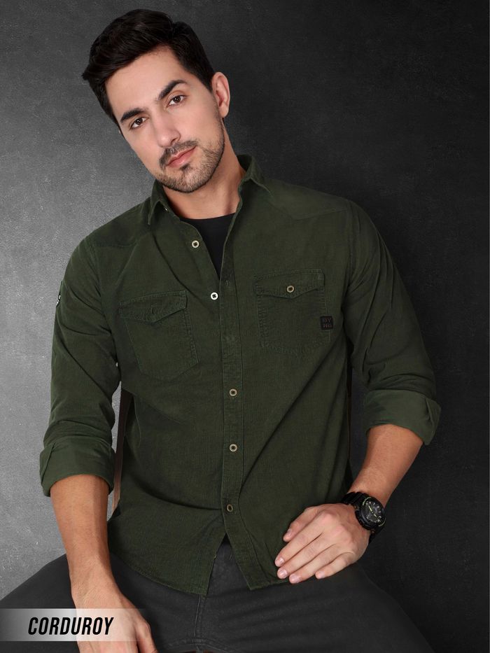 Buy Deep Olive Green Corduroy Shirt for Men Online in India -Beyoung