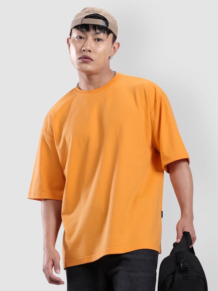 Buy Flame Orange Plain Oversized T-shirt for Men Online in India