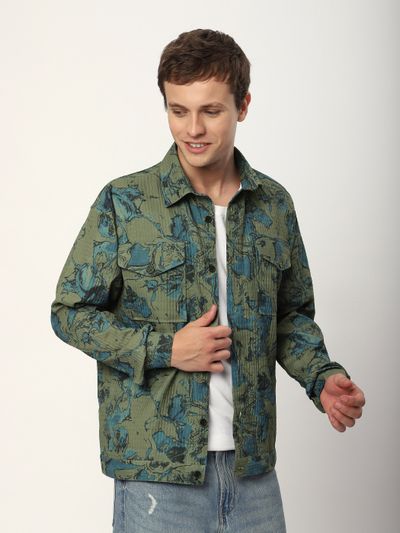 Green Abstract Print shacket stylish shackets for men online,