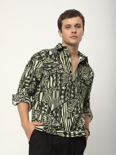 Green and Black Abstract Print Shacket Patterned green and black shacket for men,