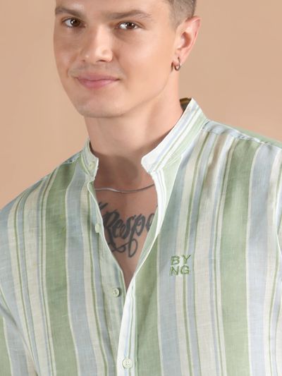 Green And Blue Stripe Mandarin Collar Shirt