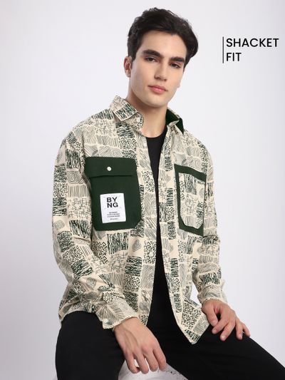 Green Geometric Abstract Printed Shacket wool overshirts for men online at Beyoung,