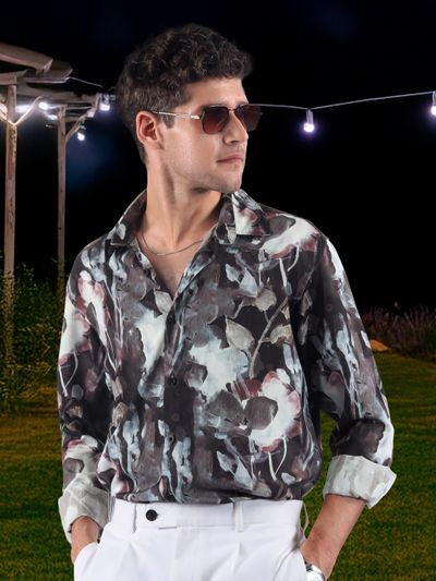 Grey Abstract Tropical Print Shirt