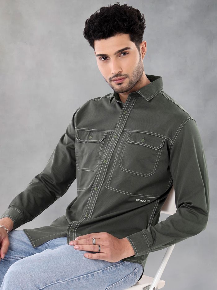 Grey Contrast Stitch Urban Shirt for Men