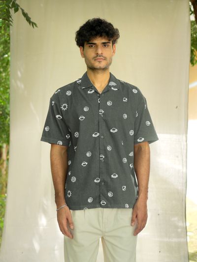 Grey Galaxy Embroidered Half Sleeve Shirt Grey Galaxy Embroidered Half Sleeve Shirt