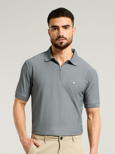 Grey Textured Zipper Polo T-shirt