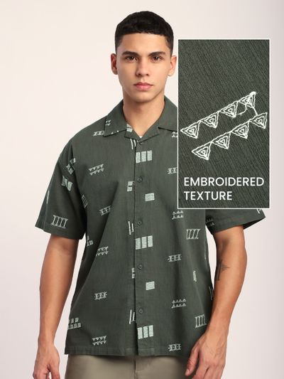 Greyish Green Geometric Embroidered Half
                      Sleeve Shirt