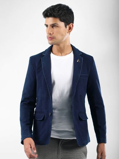 Indigo Single Breasted Blazer men in navy blue blazer jackets online , white t-shirt, and grey trousers