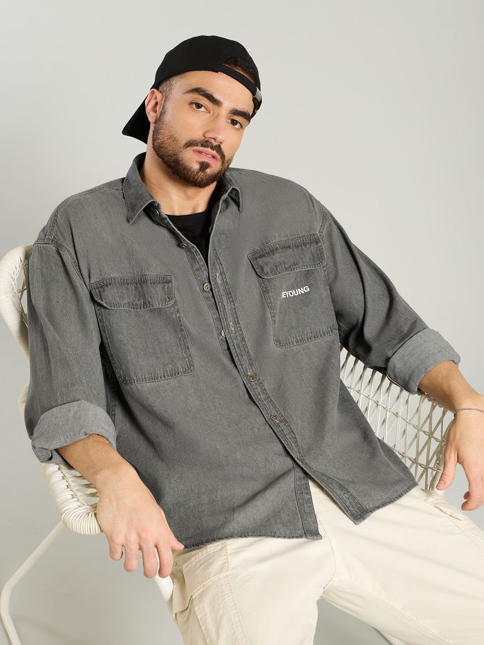 Buy Men's Light Grey Dual Pocket Denim Shirt Online @Beyoung