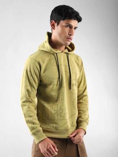 Mustard After Life Comic Printed Hoodie Yellow printed hoodie for men with graphic design.