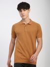Mustard Line Textured Flat Knit Polo T-Shirt