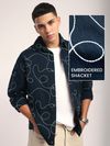 Blue mens shacket with white embroidery, 