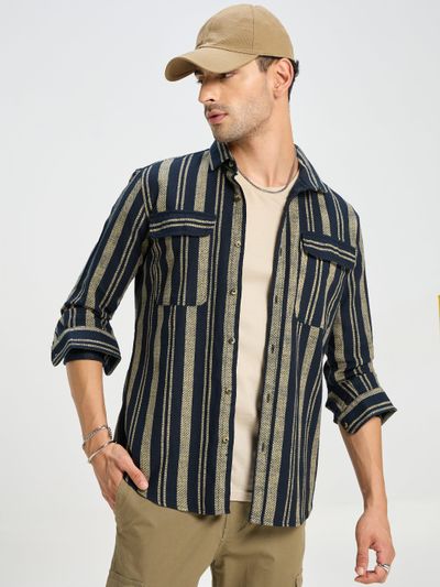 Navy Blue and Beige Striped Urban Shirt for Men
