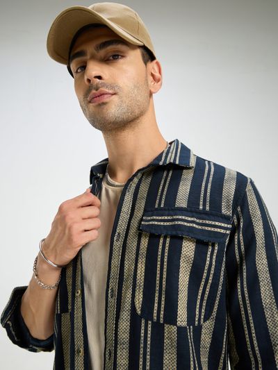 Navy Blue and Beige Striped Shirt