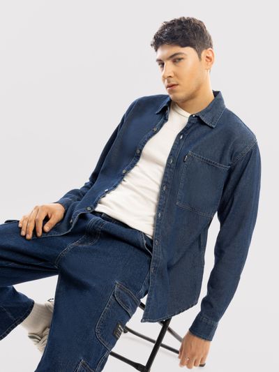 Navy Blue Contrast Stitch Men's Denim Shirt Men's navy blue contrast stitch denim shirt with a front pocket.