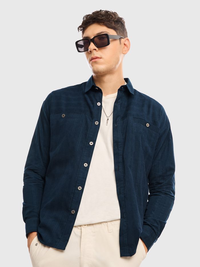 Navy Blue Cord Dobby Shirt For Men