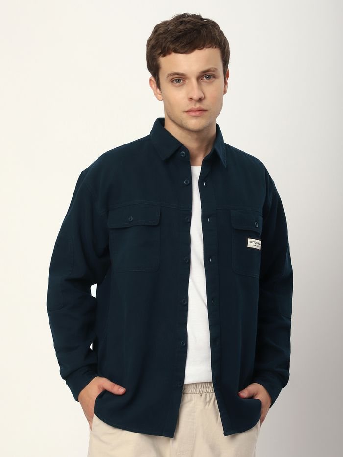 Buy Blue shacket with buttoned chest pockets @Beyoung