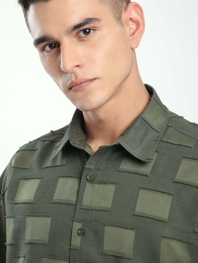 Olive Fur Geometric Textured Shirt