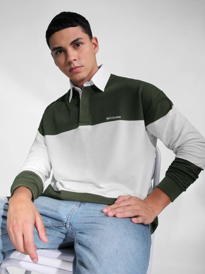 Olive Green Striped Polo Sweatshirt Olive Green Striped Polo Sweatshirt