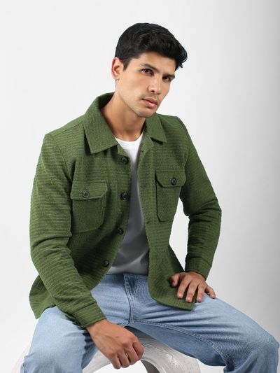 Olive Textured Pocketed Jacket Olive Textured Pocketed trendy winter jackets for men