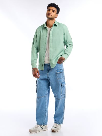 Pista Green Full Sleeve Waffle Shirt For Men Pista Green Full Sleeve Waffle Shirt For Men