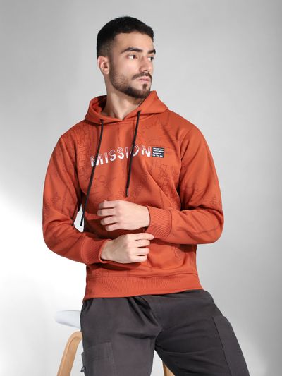 Rust Orange Mission Doodle Printed Hoodie Mens orange hoodie with " Mission " Text and Graphic Design.