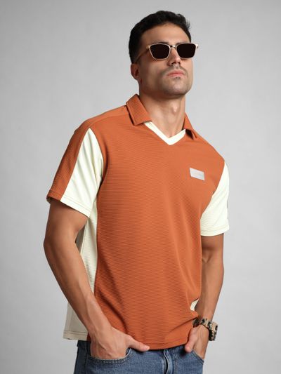 Rust Orange Sporty Color Block V-Neck Polo
                      T-Shirt