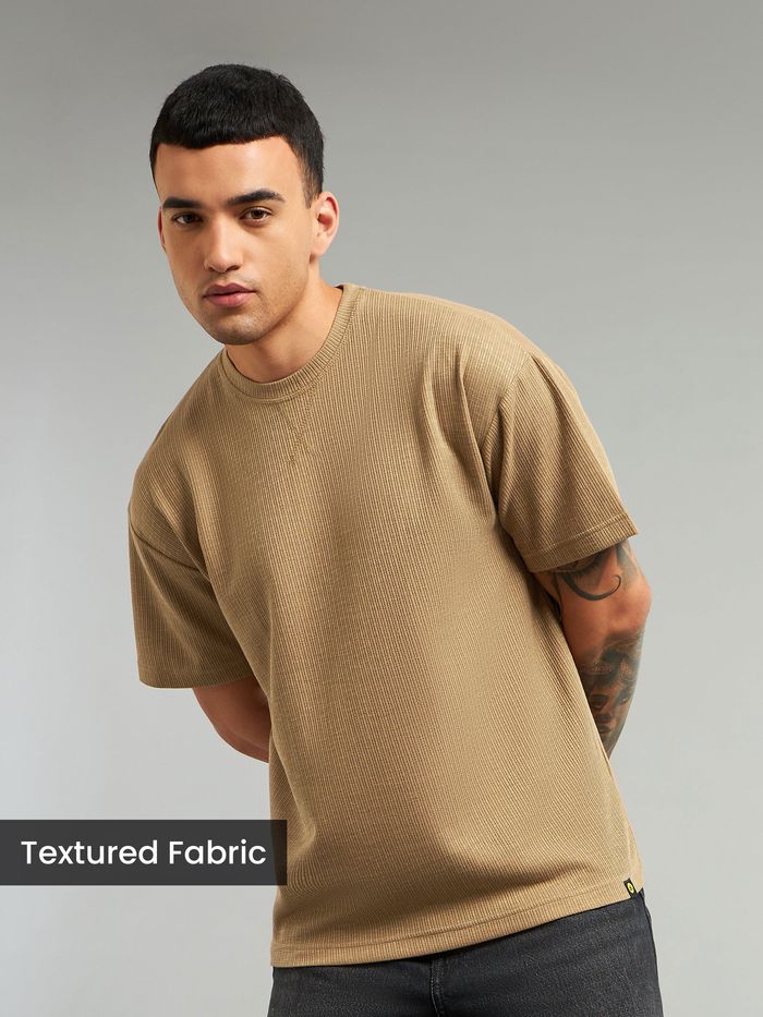 Buy Men's Sand Brown Ribbed Texture Oversized T-Shirt at Beyoung