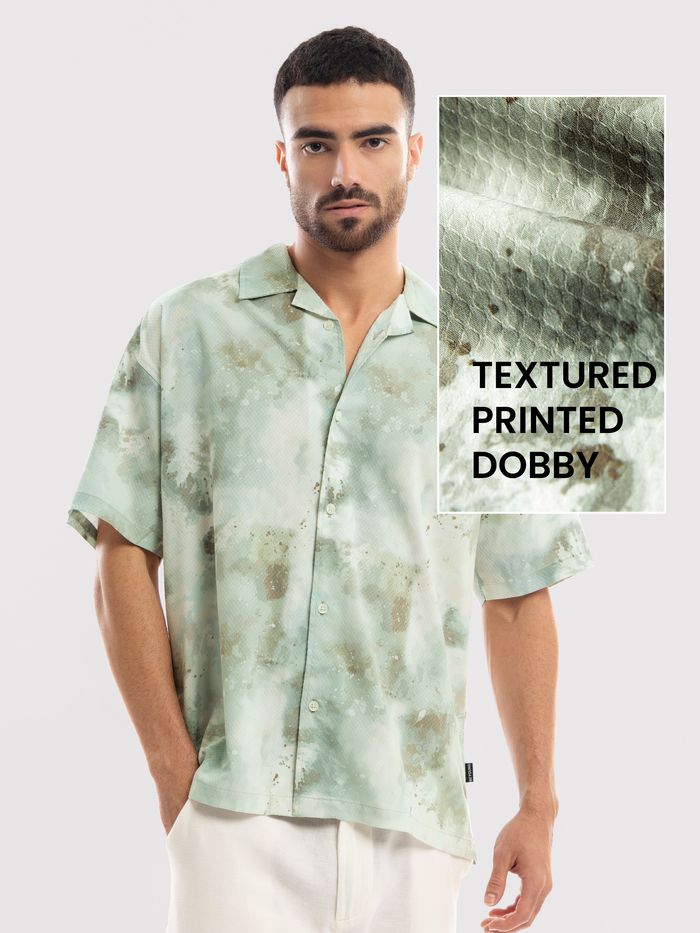 Seafoam Green Crocodile Textured Cuban Mens Shirt