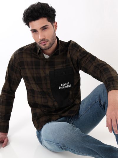 Single Pocket Brown Checked Shirts for Men