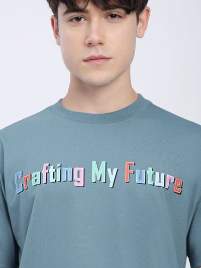 Smoky Blue Typography Printed Oversized T-Shirt