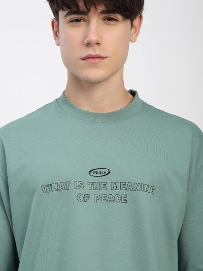 Teal Green Peace Printed Ribbed Edge Oversized T-Shirt Teal Green Peace Printed Ribbed Edge Oversized T-Shirt