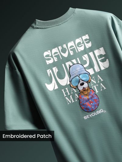 Teal Green Savage Junkie Embroidered Patch Oversized T-Shirt
