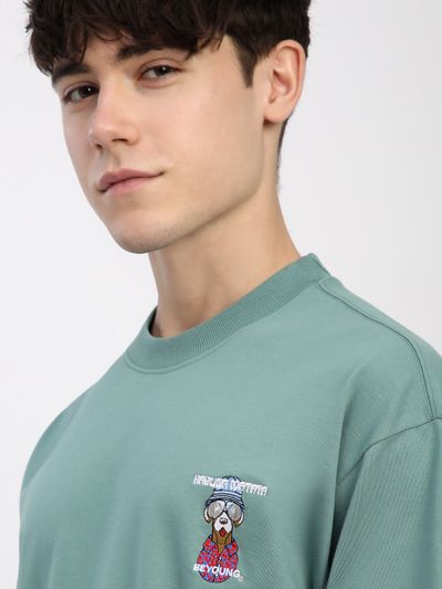Teal Green Savage Junkie Embroidered Patch Oversized T-Shirt Teal Green Savage Junkie Embroidered Patch Oversized T-Shirt