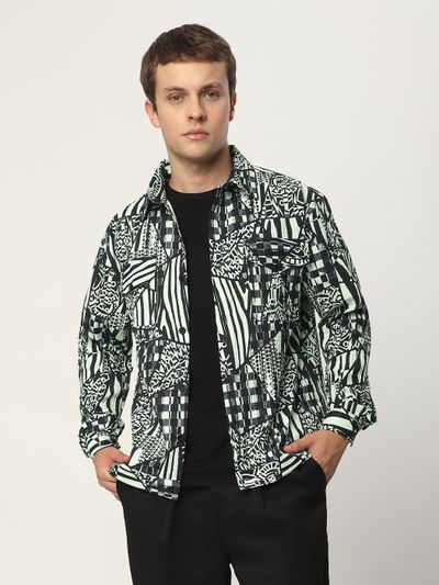 White and Black Abstract Print Shacket latest shackets for men online at Beyoung,