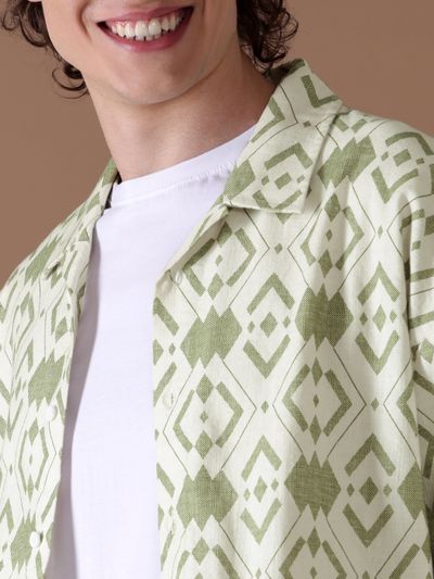 White and Green Printed Urban Shirt for Men