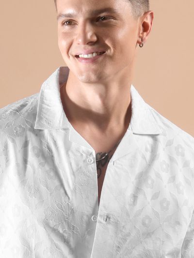White Cutwork Jacquard Cuban Shirt White Cutwork Jacquard Cuban Shirt