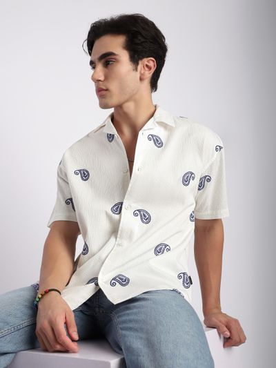 White Motif Embroidered Cuban Shirt best trending urban shirts online,