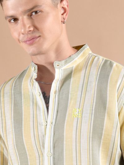Yellow And Grey Stripe Mandarin Collar Shirt Yellow And Grey Stripe Mandarin Collar Shirt