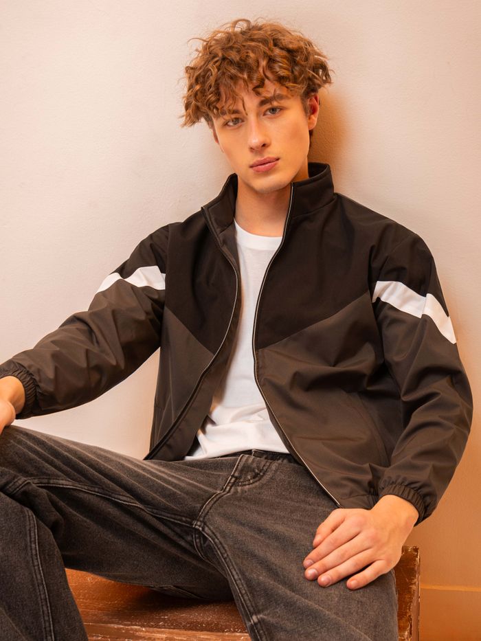 Black and Grey Color Block Windcheater Jacket for Men
